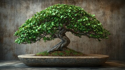 Fototapeta premium A Lush Green Bonsai Tree In A Stone Pot
