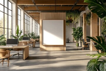 Fototapeta premium A mockup of an empty, blank white canvas in portrait orientation, hung on the wall inside a modern office space with wooden furniture and green plants.