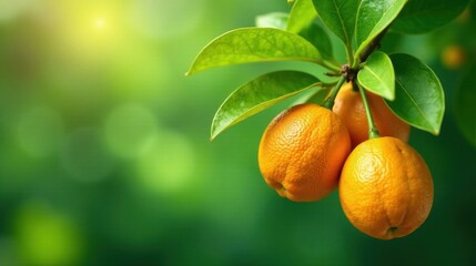 Vibrant citrus fruits hanging from a lush green tree branch, bathed in sunlight, showcasing a bountiful harvest