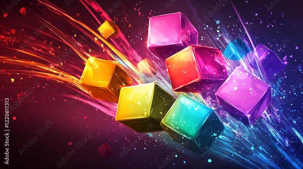 Aufkleber Vibrant colorful cubes with dynamic motion trails and abstract cosmic background. Business background