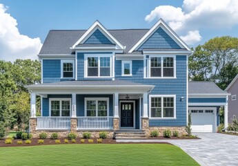 Obraz premium A blue and white house with shutters in the town of Seaside, Florida