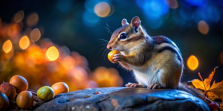 Autumn Chipmunk: Adorable Rodent Enjoying Acorn Snack Between Stones at Night