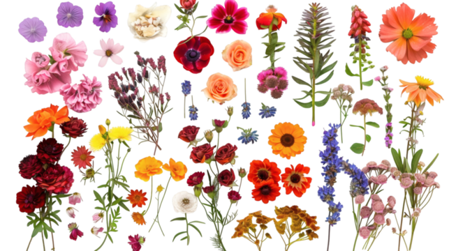 Set of garden flowers, isolated on white background