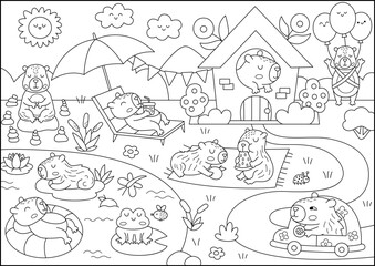 Vector black and white capybara landscape illustration. Cute line scenery with capibaras, pond, garden, house. Funny detailed scene with animals swimming, relaxing. Happy land coloring page for kids
