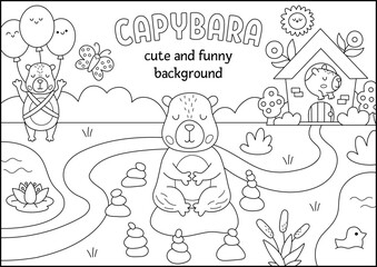 Vector black and white horizontal scene with capybaras. Landscape line illustration with capibaras. Cute background or book cover for kids with animals. Funny scene, coloring page for kids