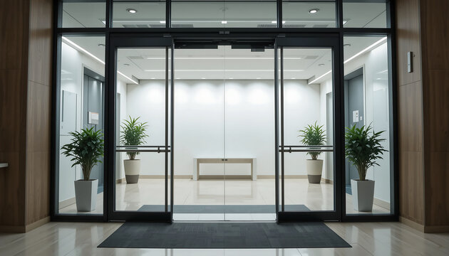 Bright and welcoming office entryway with automatic glass doors opening