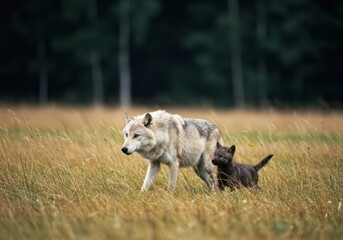 Fototapeta premium A realistic photograph of a wolf in a field with tall grass, featuring a dark forest background with back daylight