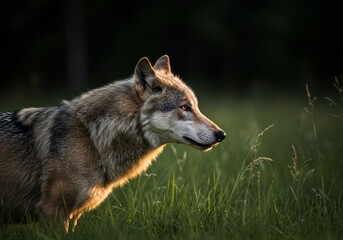 Obraz premium A realistic photograph of a wolf in a field with tall grass, featuring a dark forest background with back daylight