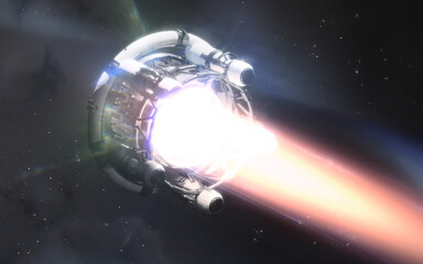 3D illustration of futuristic spaceship in deep space. High quality render, digital cosmic sci-fi art in 5K - realistic visualization