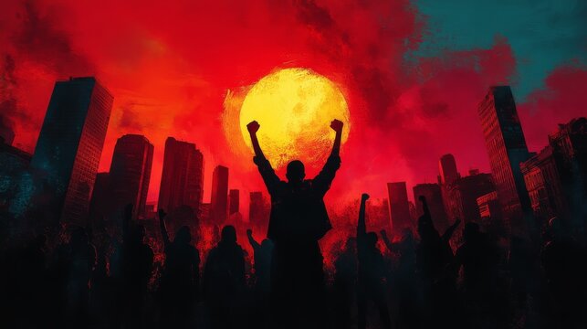 A fiery sunset fuels collective uprising in city silhouette where silhouetted figures with raised fist  express solidarity and challenge