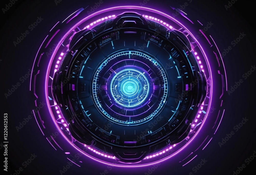 Fototapete Futuristic circular design illuminated by vibrant blue and purple lights creating a high-tech atmosphere within a dark background