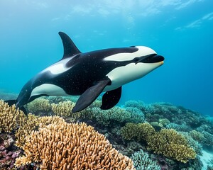 Naklejka premium A majestic orca swims gracefully over vibrant coral reefs, showcasing the beauty of marine life in crystal-clear waters.