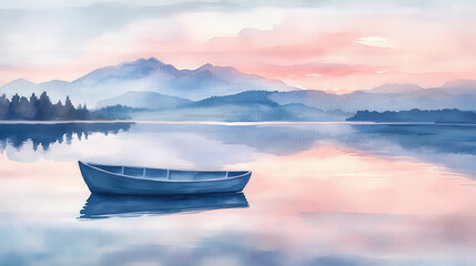 A watercolor depiction of a lone boat on a calm lake at sunrise, soft pastel hues reflecting in the water, gentle ripples