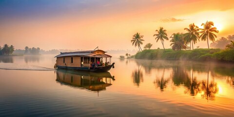 A houseboat gently glides on the calm waters of a serene Alappuzha backwater at dawn, with mist rising from the surface and sunlight casting a warm glow, morning mist, tranquil scenery