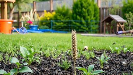 Young Plants Growing in a Backyard Garden with Playground in Background