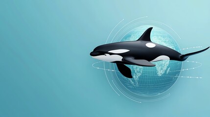 Obraz premium A sleek orca swims against a digital backdrop, symbolizing the blend of nature and technology in a serene blue environment.
