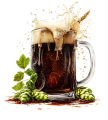 A glass of dark beer sits proudly, topped with a generous foamy head. Surrounding it are fresh green hops and grains, showcasing the ingredients of a crafted brew. Transparent background, PNG