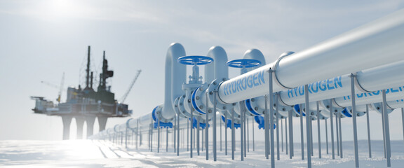 Fototapeta premium hydrogen pipeline of energy sector towards to ecology,carbon credit,Clean Energy,secure,carbon neutral,transformation,solar,power plant and energy sources balance to replace natural gas.3d rendering.