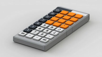 Modern calculator, gray and orange keys, studio shot, isolated background