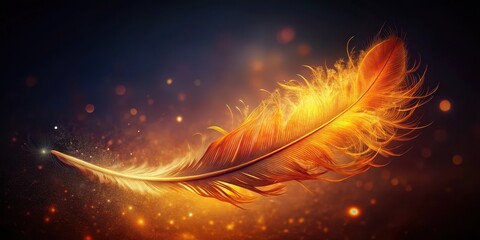A glowing ember feather floating in mid-air on a dark background, with subtle hints of fiery orange and yellow hues illuminating its surface, ambient light, glowing ember