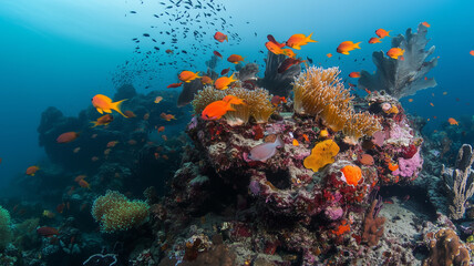 Naklejka premium Vibrant Coral Reef With Diverse Marine Life And Colorful Fish