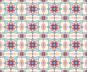 Geometric ikat flower pink blue yellow modern style pattern