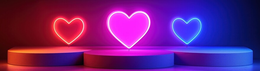 podium with a heart-shaped neon light background pink and red color vilentine