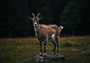 Fototapeta premium A realistic portrait photograph of a goat looking far in a field with tall grass