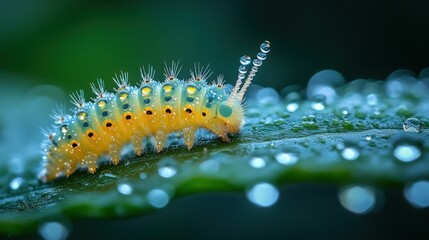 Naklejka premium Vibrant caterpillar crawling on a dew-covered leaf.
