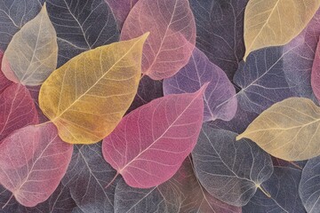 Abstract background with colorful, transparent skeleton leaves in a flat lay. Abstract art design with a natural leaf texture. Background wallpaper for a presentation or packaging cover. 