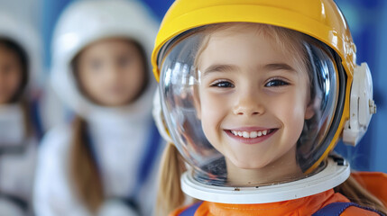 Smiling girl in astronaut helmet, showcasing excitement for space exploration. Background features other children in space suits