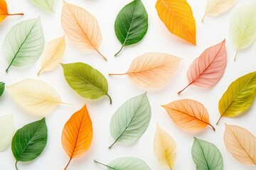 Fototapeta premium Abstract background with colorful, transparent skeleton leaves in a flat lay. Abstract art design with a natural leaf texture. Background wallpaper for a presentation or packaging cover. 