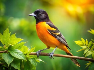 Fototapeta premium Baltimore Oriole Bird on Branch, Green Forest Background - Wildlife Stock Photo