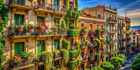 Fototapeta premium Barcelona Eixample Balcony Plants & Street View - Architectural Photography