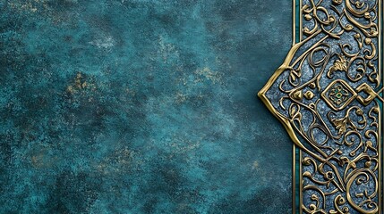 Teal Textured Background With Gold Ornate Design