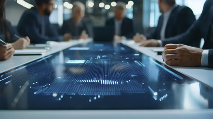 Business meeting with diverse team discussing data on digital table