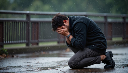 Despairing man kneeling in rain on pavement, emotional anguish