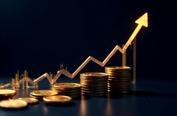 Stock market graph, cryptocurrency coins chart trending price up trend, digital finance. Cryptocurrency exchange chart, the exchange arrow is going up. dark background, futuristic style, flying coins