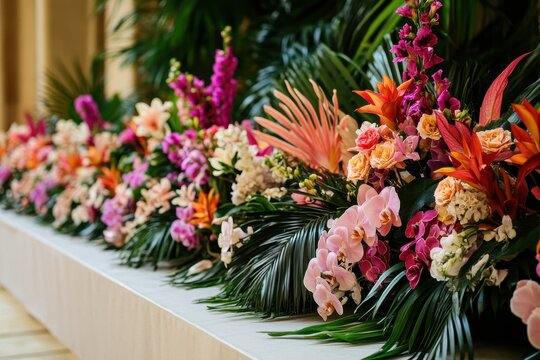 Vibrant tropical floral arrangement, indoor ceremony, background, event decor