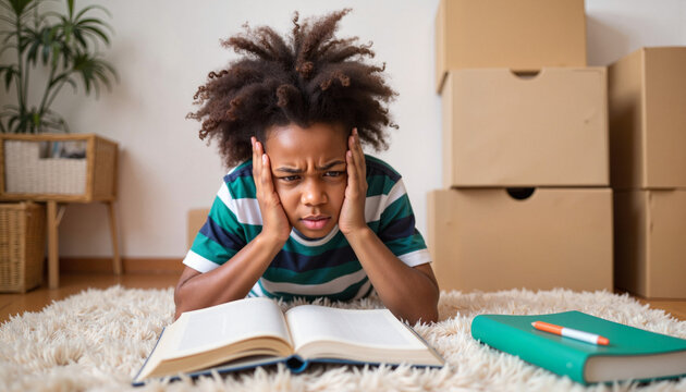 Angry boy expressing frustration while studying indoors, academic stress