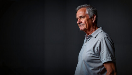 Fototapeta premium Confident senior man smiling in dramatic lighting, self-assurance