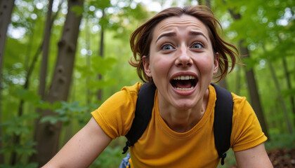 Terrified woman running in forest, fear and urgency