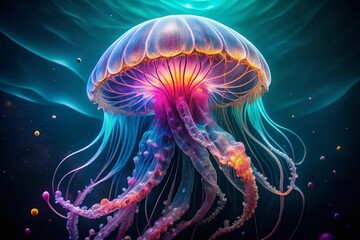 Naklejka premium Bioluminescent Jellyfish Drone Shot: Vibrant Underwater Glow