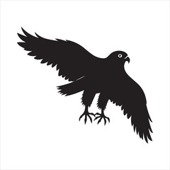 silhouette image of a black filled falcon bird with a white background