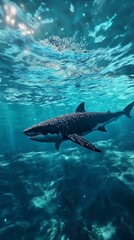 Fototapeta premium A Powerful Shark Swimming Beneath Sparkling Water in a Deep Blue Ocean Environment.