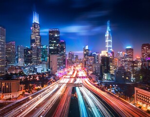 Fototapeta premium The Urban Jungle: Roads, Lights, and High-Rise Views