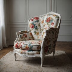 White-painted French-style armchair with floral upholstery.