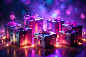 Black Friday Neon Gift Boxes Glowing Purple Background Surreal Photography Stock Photo