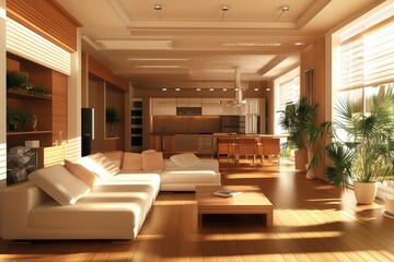 Fototapeta premium A modern, spacious interior design style living room with a white sectional sofa, wooden flooring, and large windows allowing natural light. The kitchen is open and features wooden cabinets.