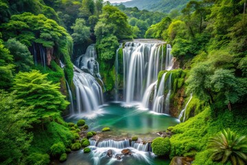 A majestic waterfall cascades through a lush, green forest, captured with a high depth of field long exposure.